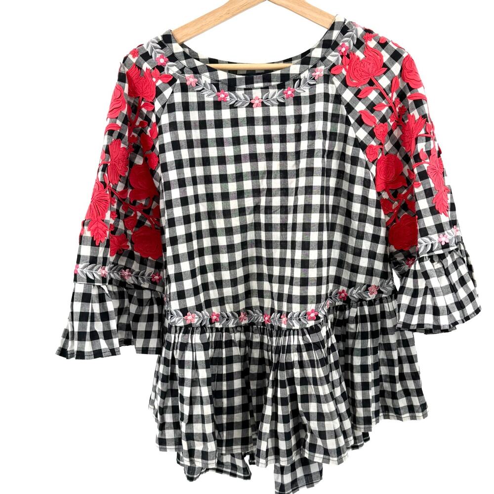 Pankaj & Nidhi Black White Gingham Cotton Rose Applique Peplum Top